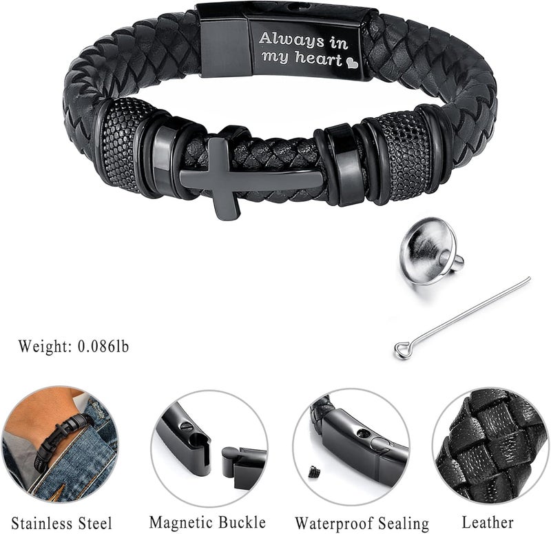 YOUFENG Urn Bracelet for Human Ashes Leather Cremation Knot Cross Bracelet Stainless Steel Keepsake Cuff Bangle Jewelry for Men - Image 2